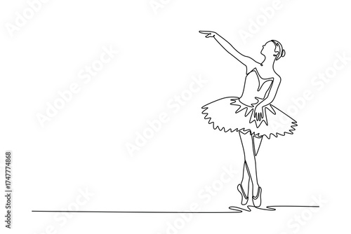 Single continuous line drawing ballerina balancing en pointe with her arm extended in a graceful gesture, moment of perfect balance, directional focus. One line draw graphic design vector illustration