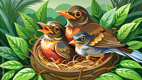 Very beautiful close-up of hungry baby robin birds with open beaks sitting in a nest, vector-style illustration emphasizing tender wildlife moment, soft textures, and natural detail.