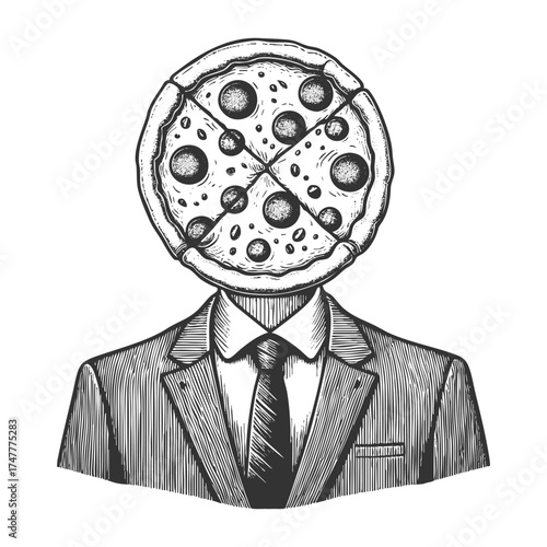 man in formal suit with a pizza head, humor, creativity, and surrealism sketch engraving generative ai fictional character vector illustration. Scratch board imitation. Black and white image.