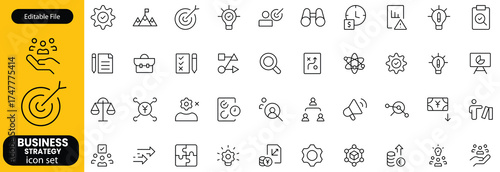 Business strategy set of web icons in line style. A collection of linear icon representing key business concepts, including market analysis, strategy, leadership, innovation, planning. Editable stroke