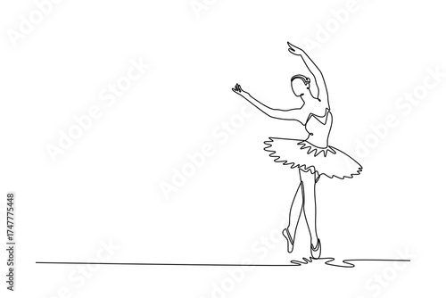 Single one line drawing ballerina balancing en pointe with her arms raised in graceful port de bras, perfect balance, vertical elegance of pose. Continuous line draw design graphic vector illustration
