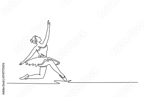 Single one line drawing young ballerina in a graceful, deep lunge with one hand reaching high, extension and grounded focus of the pose. Modern continuous line draw design graphic vector illustration