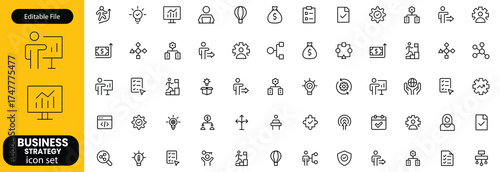 Business strategy set of web icons in line style. A collection of linear icon representing key business concepts, including market analysis, strategy, leadership, innovation, planning. Editable stroke