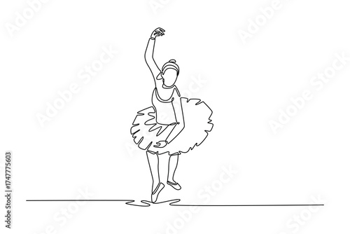 Single one line drawing beauty ballerina in classic, elegant pose, balancing en pointe with one arm raised and wearing traditional tutu. Modern continuous line draw design graphic vector illustration