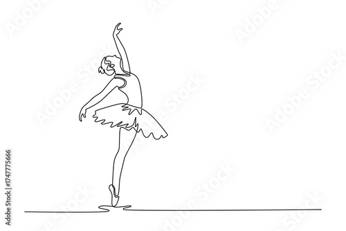 Single one line drawing ballerina balancing en pointe with her body arched back, her leg extended behind her in graceful arabesque pose. Modern continuous line draw design graphic vector illustration