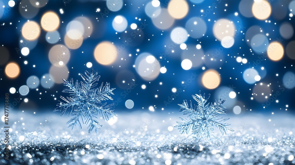 Fototapeta premium Sparkling snowflakes on glitter with festive bokeh lights background
