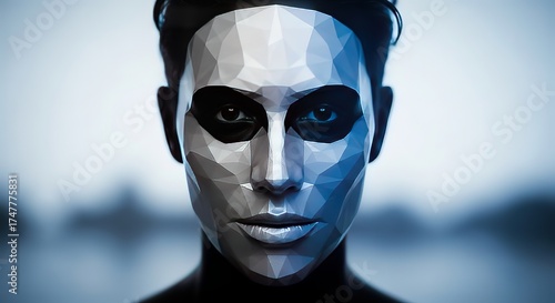 Futuristic human face with polygonal design and dramatic lighting for science fiction or technology concepts