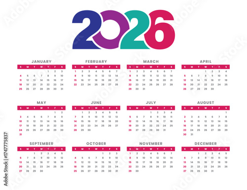 Modern and minimal 2026 calendar template with colorful wave design. Perfect for business, corporate, or personal use. Fully editable and printable layout