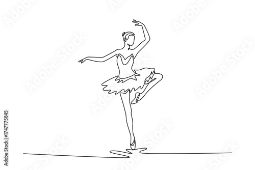 Continuous one line drawing ballerina balancing perfectly pointe with one leg raised, her arms gracefully extended, vertical elegance and control. Single line draw design vector graphic illustration
