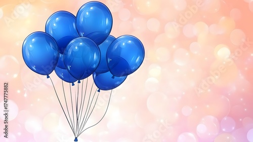 Bunch of shiny blue balloons floating against blurred bokeh lights background