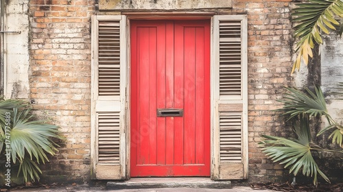 Wallpaper Mural Vibrant red door in weathered brick building facade with louvred shutters Torontodigital.ca