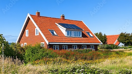Wallpaper Mural Red brick house with solar panels on rooftop and garden in Summer clear blue sky Torontodigital.ca