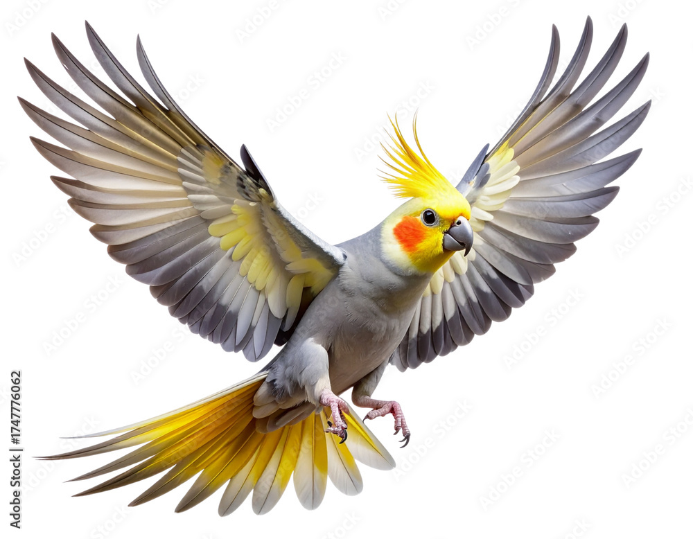 Fototapeta premium Vibrant Cockatiel in Flight with Colorful Feather Spread, Dynamic Composition, PNG Isolated