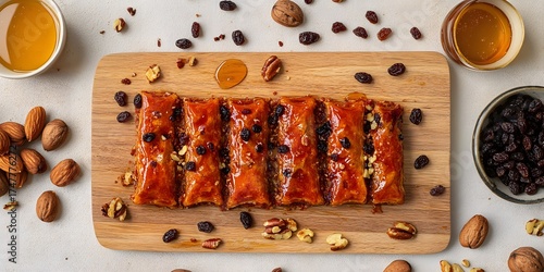 Wallpaper Mural Delicious baklava pastries served on wood, glazed and decorated with nuts and raisins Torontodigital.ca