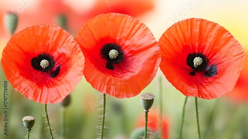 Wallpaper Mural Three Vibrant Red Poppy Flowers in a Field, Close Up View with Green Background Torontodigital.ca