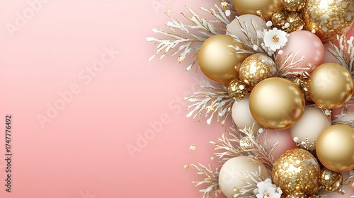 Wallpaper Mural Elegant christmas background with golden pink balls and delicate floral accents Torontodigital.ca
