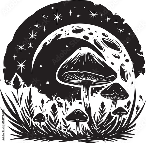 Celestial Serenade: A dreamy nightscape unfolds as an ethereal mushroom scene, silhouetted against a radiant crescent moon and twinkling stars, inviting a sense of wonder. 