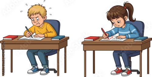 Children writing cartoon, classroom stress and focus illustration, school desk scene, emotional expression artwork, educational activity, notebook drawing