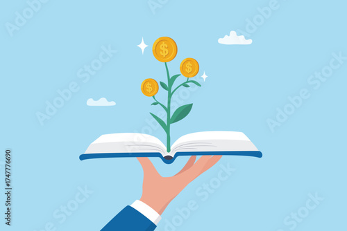 Financial literacy money knowledge or wisdom for prosperity, savings and investment, expense and budget to gain wealth planning, businessman hand holding book with financial plant with golden coins.