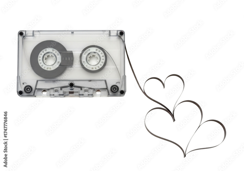 Fototapeta premium Vintage cassette tape audio music with heart shaped ribbon wire - retro media player sound recording isolated on transparent background