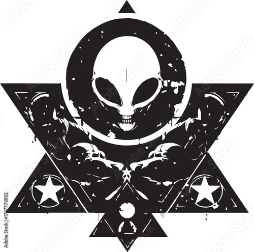 Mysterious Alien Emblem: An intriguing monochrome emblem featuring an alien with a geometric and symbolic composition, suggesting a sense of mystery, intrigue, and extraterrestrial connection.