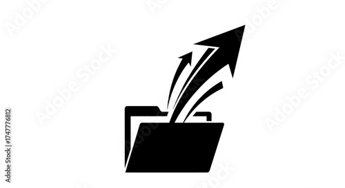 Minimalist silhouette of bold arrow emerging from folder, angular fluid lines, negative-space separation, solid monochrome, geometric style, conveys motion and action