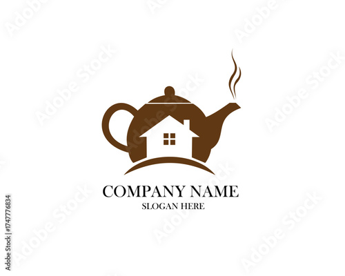 Brown teapot with house inside for company logo