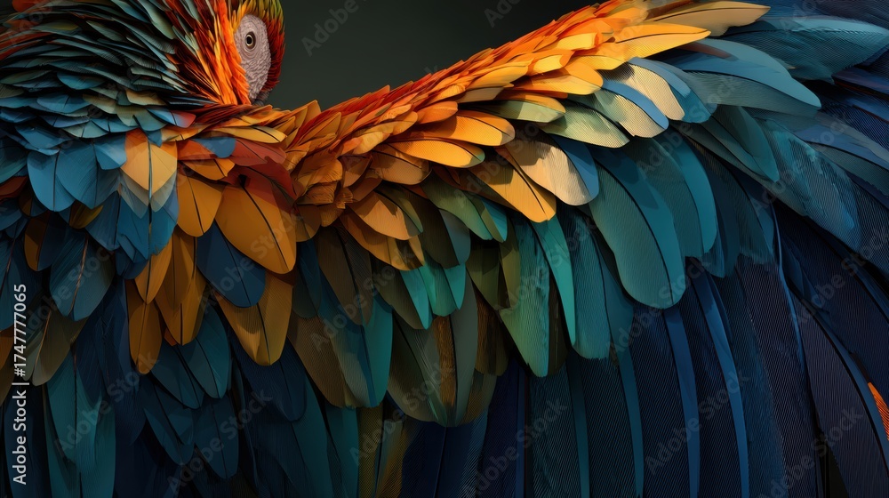 Obraz premium Vibrant Close-Up of a Colorful Macaw Wing Feathers in Nature