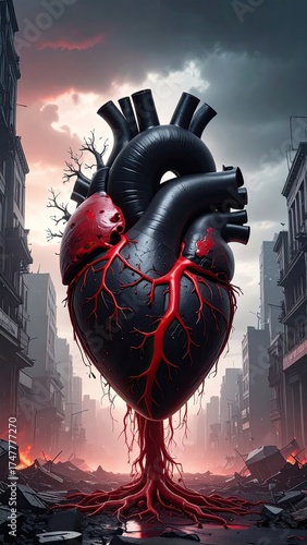 Black heart, red veins, on destroyed city street
