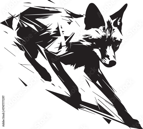 Abstract Fox: A dynamic, artistic representation of a running fox, crafted with sharp, angular lines and bold black and white contrasts, symbolizing agility and wildness.