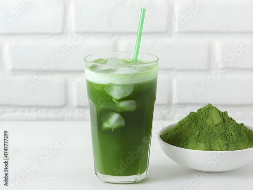 Wallpaper Mural Refreshing matcha green tea with ice cubes served on white brick background Torontodigital.ca