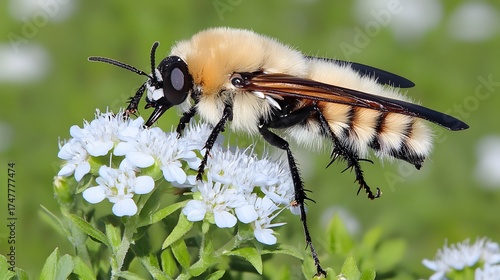 Wallpaper Mural Close up of a bee fly on small white flowers in a meadow Torontodigital.ca