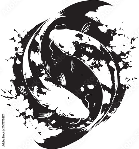 Yin Yang Koi Fish: Artistic depiction of two koi fish, gracefully intertwining in a harmonious dance, embodies the ancient symbol of balance, where opposing forces coexist in perfect unity.