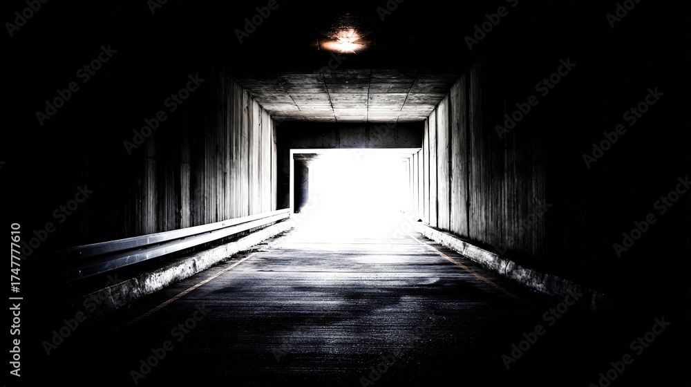 Fototapeta premium passageway. A long dark tunnel with rough concrete walls and a distant point of light. travel magazines, destination branding, designed for outdoor magazines and nature guides.