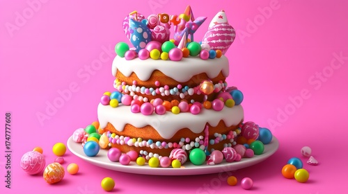 Wallpaper Mural Festive two tier birthday cake with colorful candy decorations on pink background Torontodigital.ca