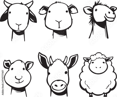 Farm Animals Cartoon Set: A charming collection of hand-drawn cartoon farm animal faces, exuding innocence and friendliness.