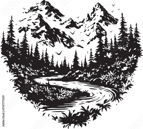Heart of Wilderness: A breathtaking mountain landscape and forest scene within a heart-shaped design, evoking feelings of love for nature's grandeur and wildness.