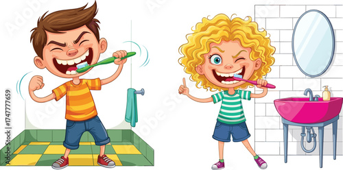 Children brushing teeth cartoon, bathroom hygiene illustration, morning routine artwork, cheerful kids, striped shirts, mirror, sink, playful health scene