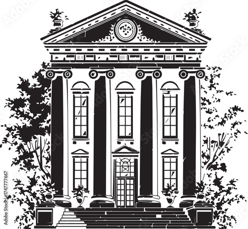 Architectural Majesty: A detailed illustration of a grand, classical-style building, showcasing its ornate design, symmetrical facade, and the elegance of its structure.