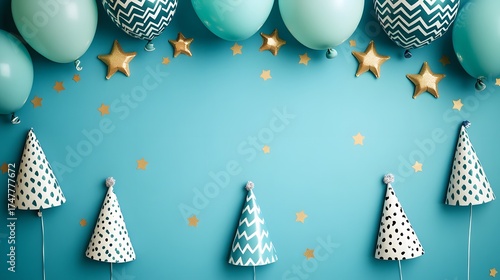 Wallpaper Mural Festive scene with party hats, balloons and star confetti on blue background Torontodigital.ca