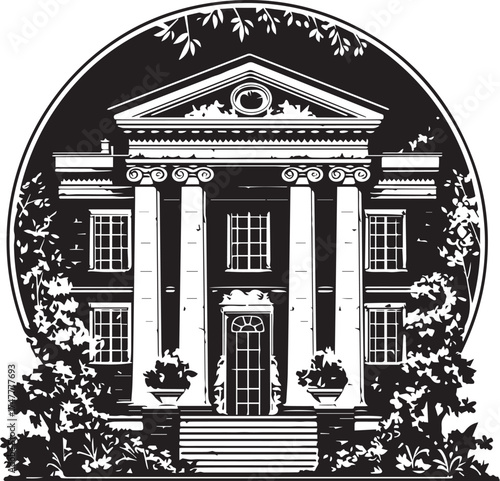Elegant Estate Illustration: A classical architectural rendering of a grand building, with majestic columns, intricate facade, and stately design, conveying a sense of history, wealth.