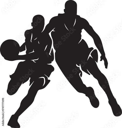Dynamic Basketball Silhouette: Witness the raw energy of a basketball game, two players engaged in an intense duel, showcasing a perfect fusion of athleticism and competition.