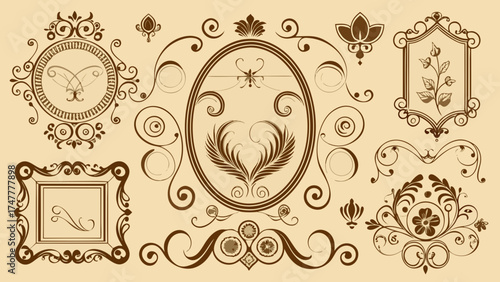 Vector art of set of vintage frames and design elements on a beige background