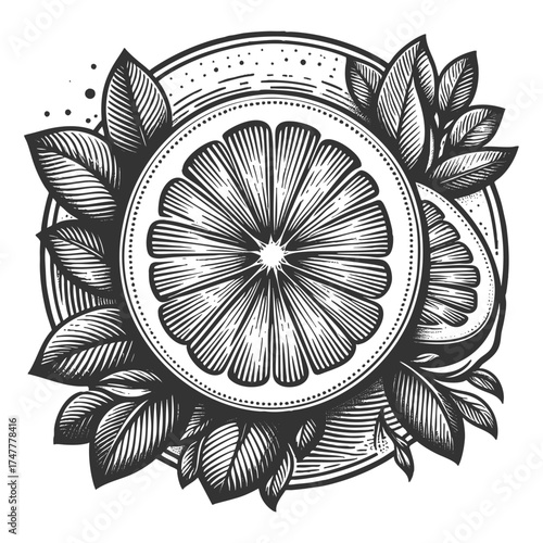 orange slices and whole fruit with leaves, symbolizing freshness, citrus flavor, and healthy nutrition sketch engraving generative ai vector illustration. Scratch board imitation. Black and white.