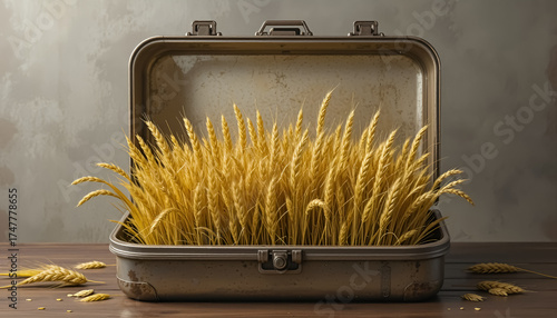 ai generator Image of an open food storage box containing golden wheat lying on the floor suitable for design work