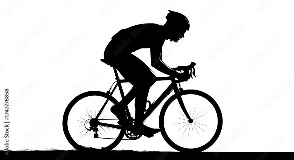 Obraz premium Silhouette of a cyclist in aerodynamic racing position on a road bike against a bright white background with a subtle ground shadow