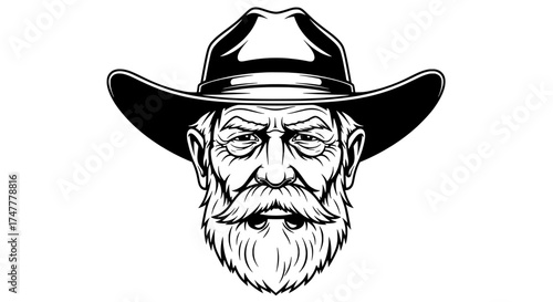 Close up black and white illustration of an old grizzled cowboy with a long beard and a cowboy hat looking sternly forward