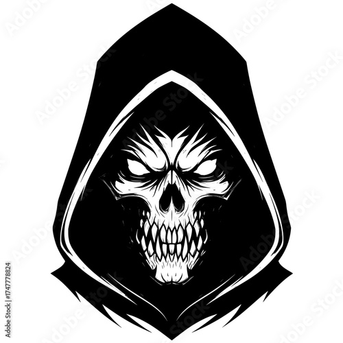 Menacing grim reaper skull with glowing eyes and dark hood emblematic of death and the supernatural