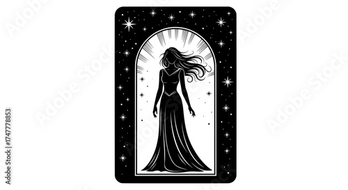 Mysterious silhouette of a woman in a long flowing dress standing within an arched doorway illuminated by celestial stars and cosmic light