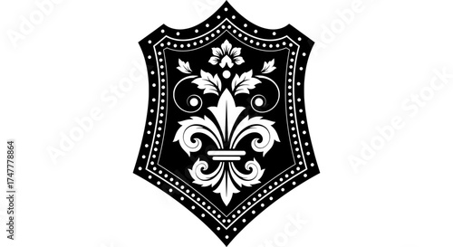 Ornate heraldic shield with a central fleur de lis and decorative floral scrollwork in a vintage black and white illustration style